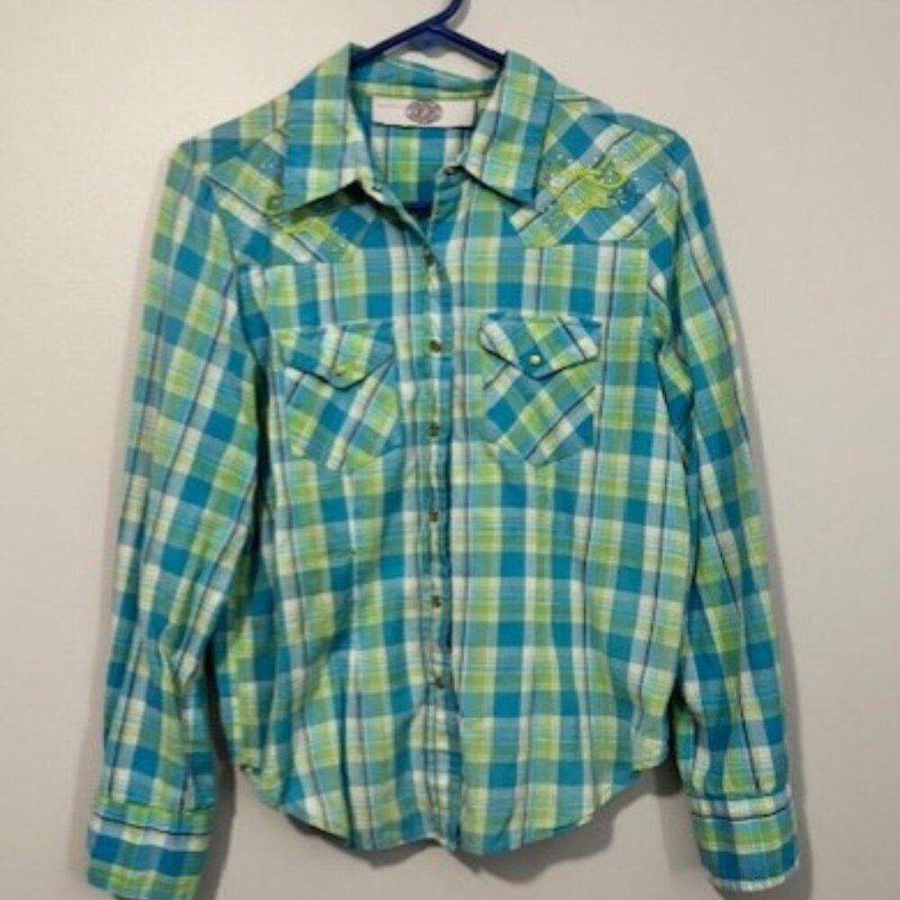 USED Woman's Gibson Western Long Sleeve Button Shirt Color Green/Blue Size Med